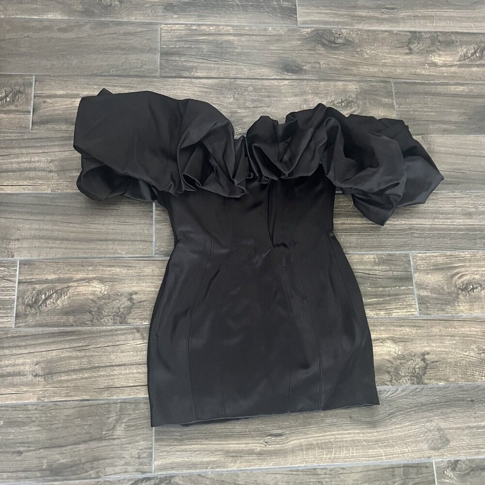 House Of Cb Selena Black Satin Puff Shoulder Dress Mini Large (071)